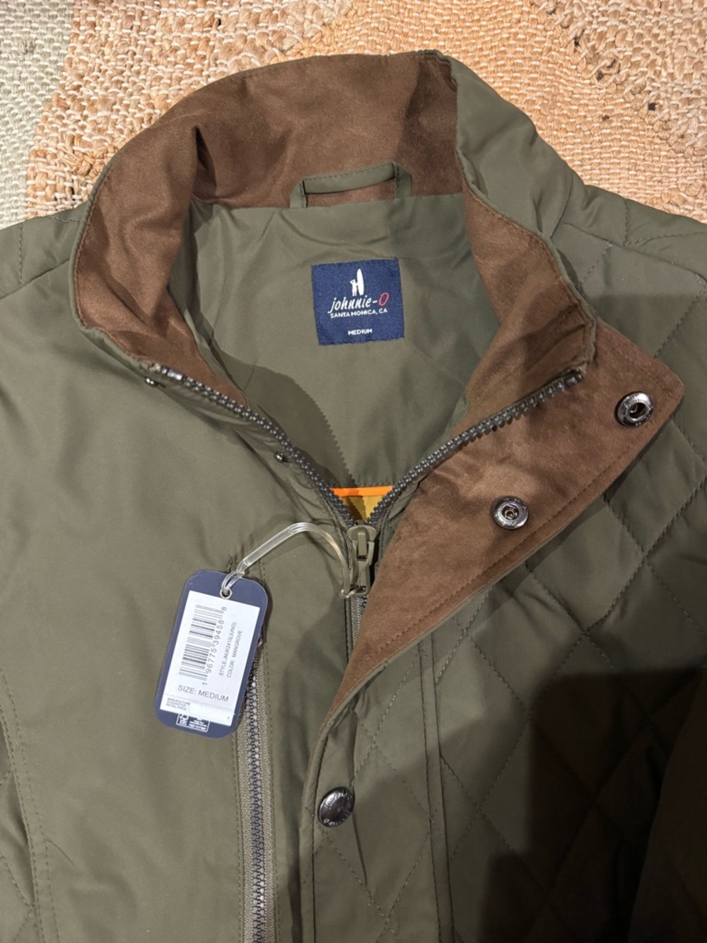 johnnie-O Olive Green Quilted Field Jacket with Brown Collar